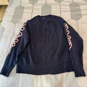 Skull Cashmere Navy V-Neck Sweater with serpent sleeves